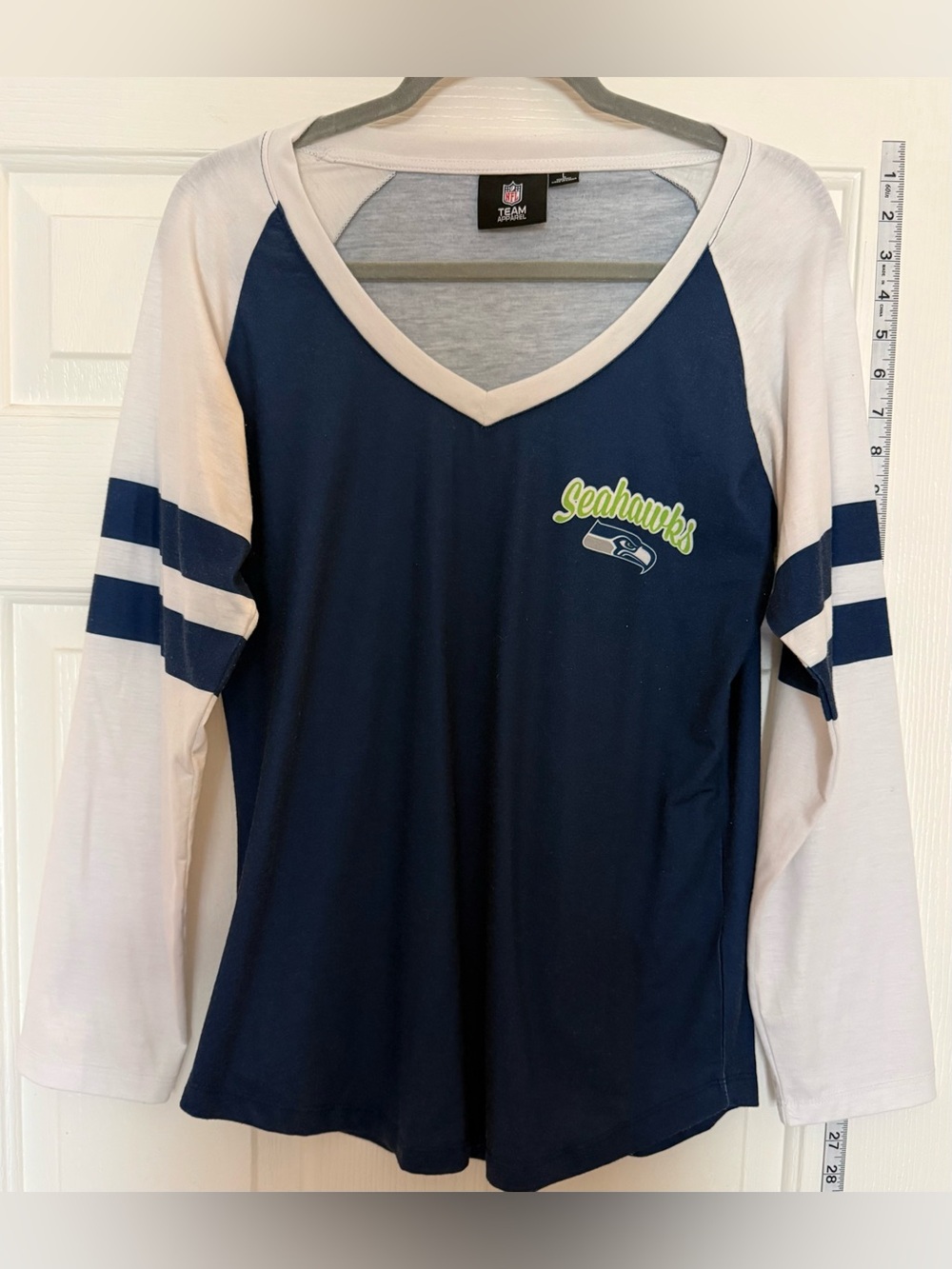 NFL Seattle Seahawks Navy and White V-Neck Raglan Long Sleeve Top